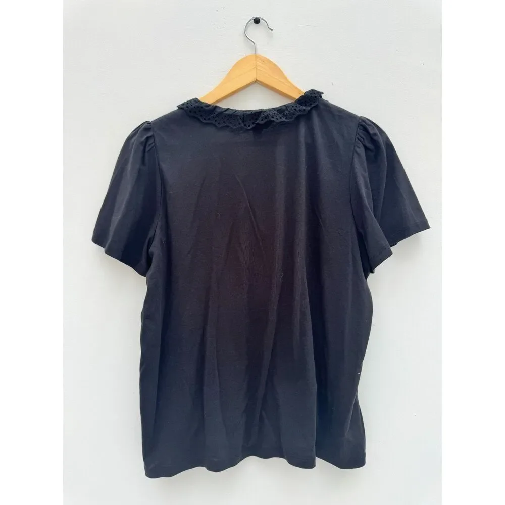 Boden Black Lace Trim Detail Top V-Neck Short Sleeve Size US 10 UK 14